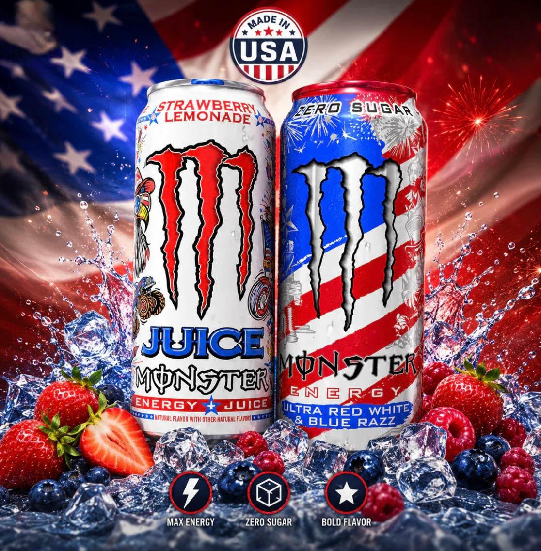 Pack Duo Monster USA Édition
Américaine - Strawberry Lemonade + Ultra Red White & Blue Razz
